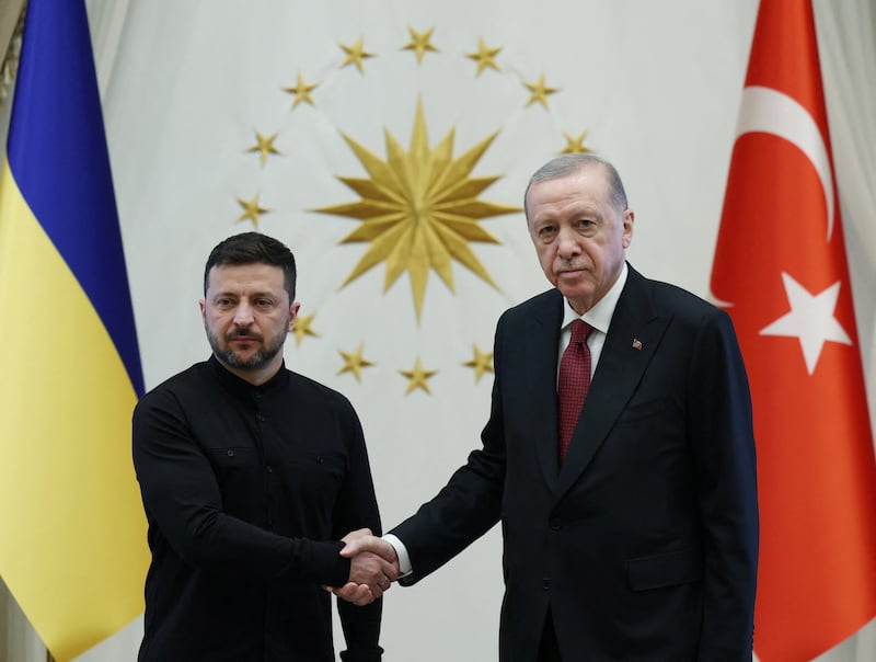 Turkey's President Tayyip Erdogan meets with Ukrainian President Volodymyr Zelenskiy at the Presidential Palace in Ankara, Turkey, May 15, 2025.
