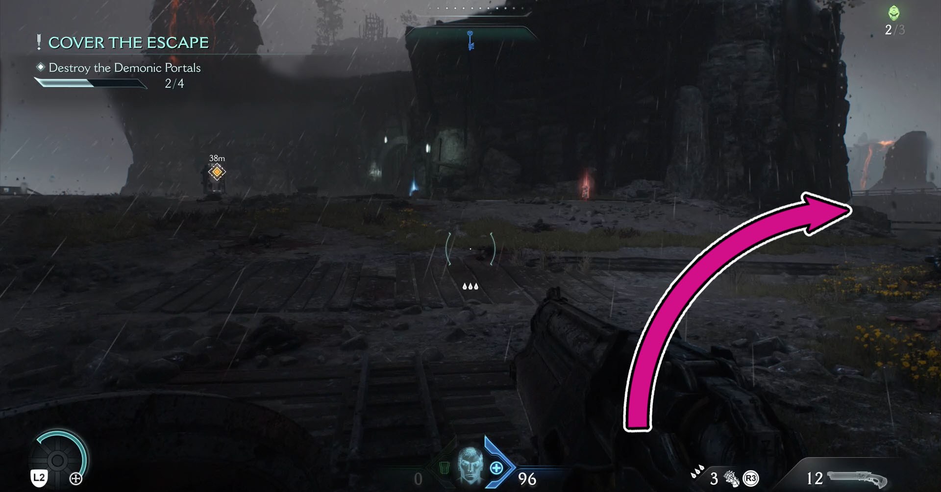 A screenshot where there is a gate to your left. An arrow indicates you must turn to your right at this location to find the edge from which you must jumpt to reach the room where the Nightmare Skin for the Combat Shotgun is located.