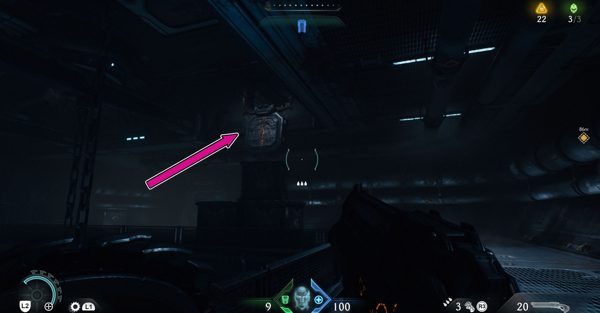 A screenshot showing an opened hatch from where you can reach the room where the Nightmare skin for the Shredder gun is located in Doom: The Dark Ages.