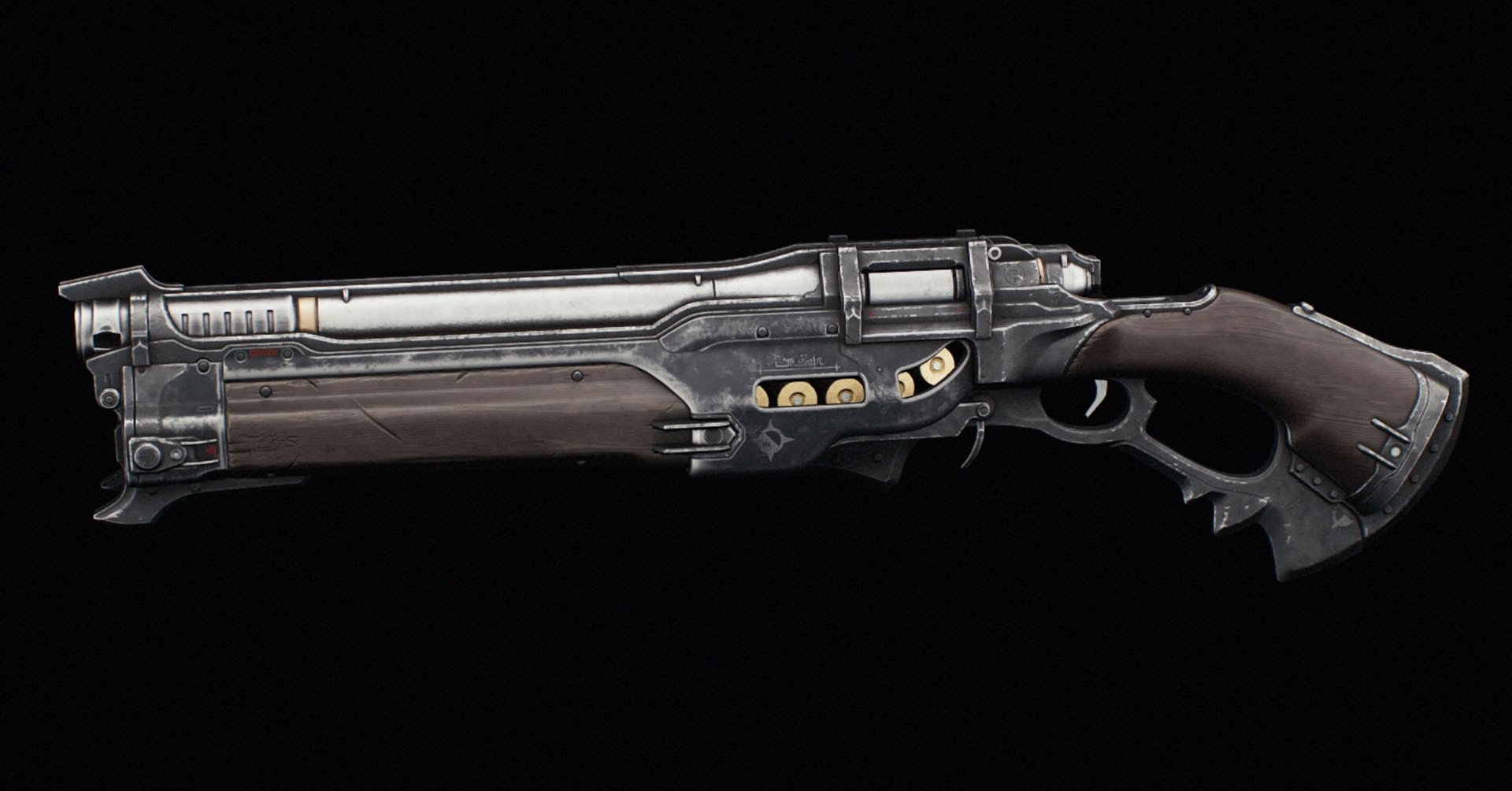 A gray colored mid-sized shotgun. It has only one barrel. It has some edges to give it a more aggressive design.