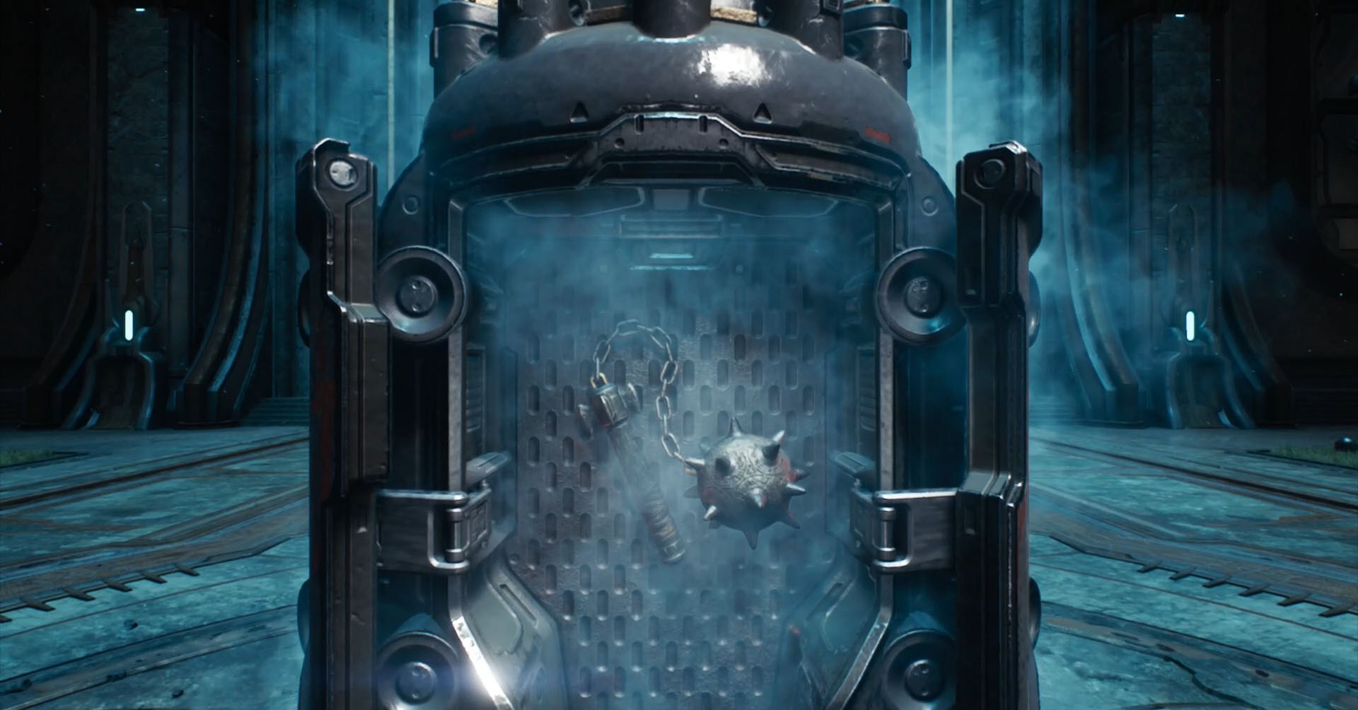 You see a traditional flail, a metal sphere with spikes connected by a chain to a holder. This is one of the melee weapons in Doom: The Dark Ages.