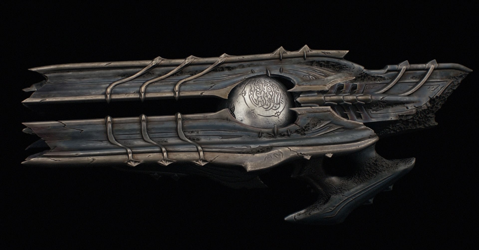 The image shows a Doom: The Dark Ages weapon that resembles a rifle with a really large barrel. In the middle of the weapon, you can see a metal sphere. It has an alien design. A mix between rifle and flail.