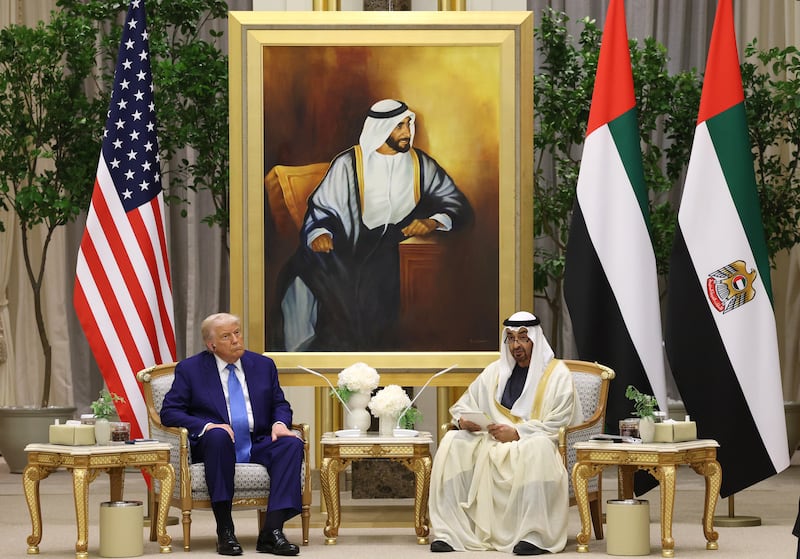 President Donald Trump meets with UAE President Sheikh Mohamed bin Zayed Al Nahyan during a visit to Qasr al Watan (Palace of the Nation) on May 15, 2025, in Abu Dhabi, United Arab Emirates.
