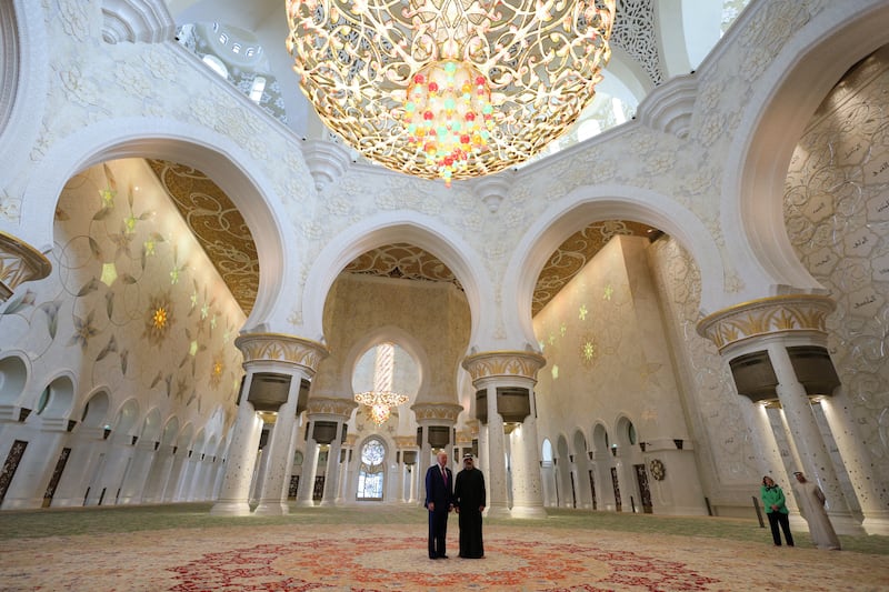 President Donald Trump tours the Sheikh Zayed Grand Mosque with Crown Prince Sheikh Khaled bin Mohamed Al Nahyan during a visit to Abu Dhabi, United Arab Emirates, May 15, 2025.