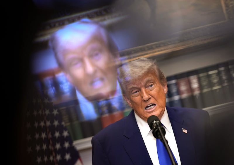 President Donald Trump speaks during a press conference in the Roosevelt Room of the White House on May 12, 2025, in Washington, D.C.