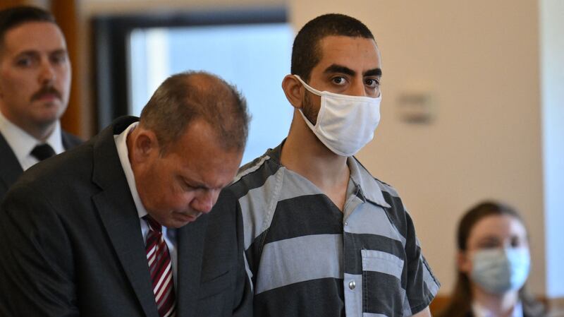 TOPSHOT - Hadi Matar, the man accused in the attempted murder of British author Salman Rushdie, appears in court for a procedural hearing at Chautauqua County Courthouse in Mayville, New York on August 18, 2022. - Matar has pleaded not guilty to attempted murder charges after being accused of stabbing British author Salman Rushdie multiple times on stage during a literary event at the Chautauqua Institution. The severely injured author is recovering and showing signs of his "feisty and defiant" self, family and friends said, after the shocking assault left him on a ventilator with multiple stab wounds on August 12, 2022. (Photo by ANGELA WEISS / AFP) (Photo by ANGELA WEISS/AFP via Getty Images)
