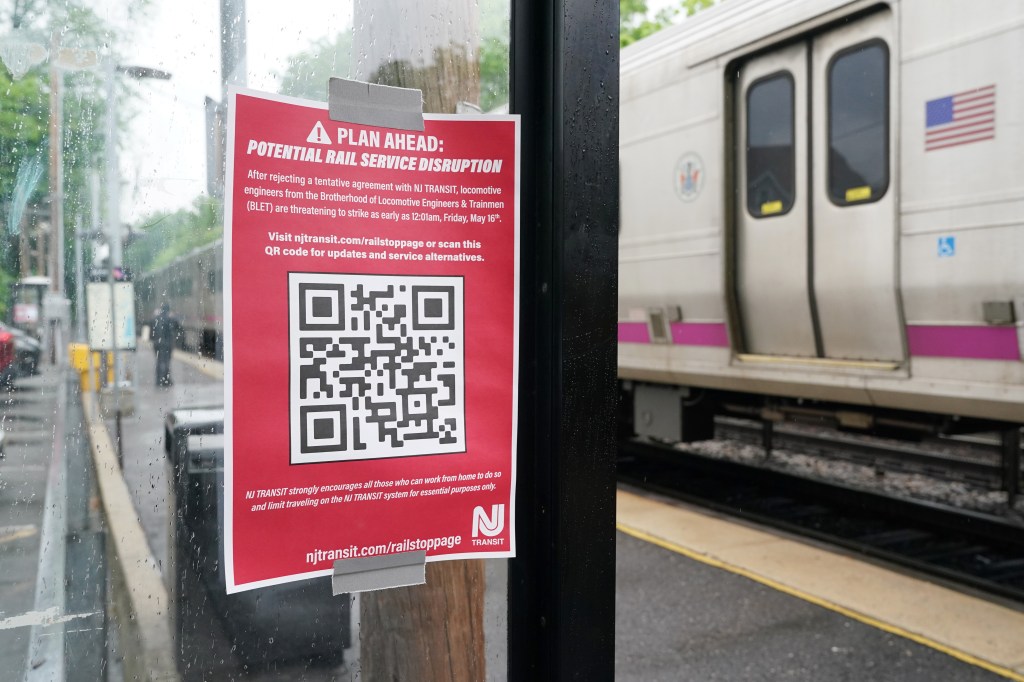 A sign at a train station in Hawthorne warning commuters about service disruptions due to the NJ Transit rail strike.