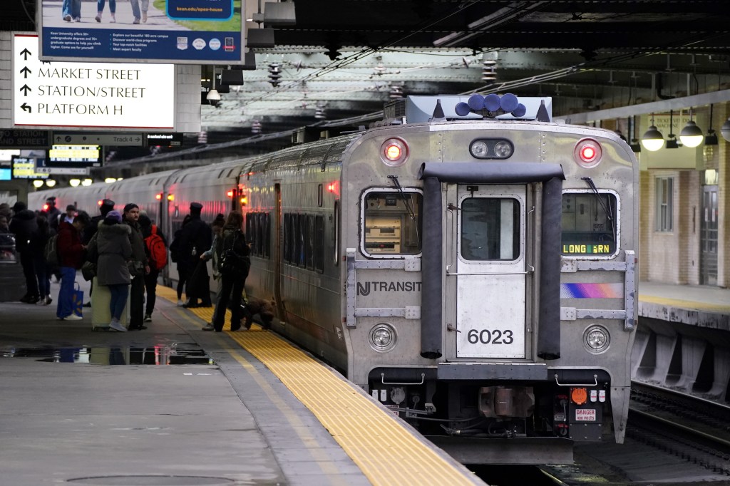 A general view of a NJ Transit train or New Jersey Transit train arriving at Newark Penn Station in Newark, NJ on April 12, 2025.