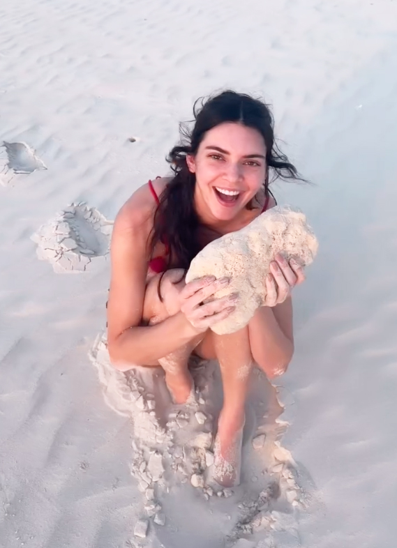 Kendall Jenner with a rock on the beach. 