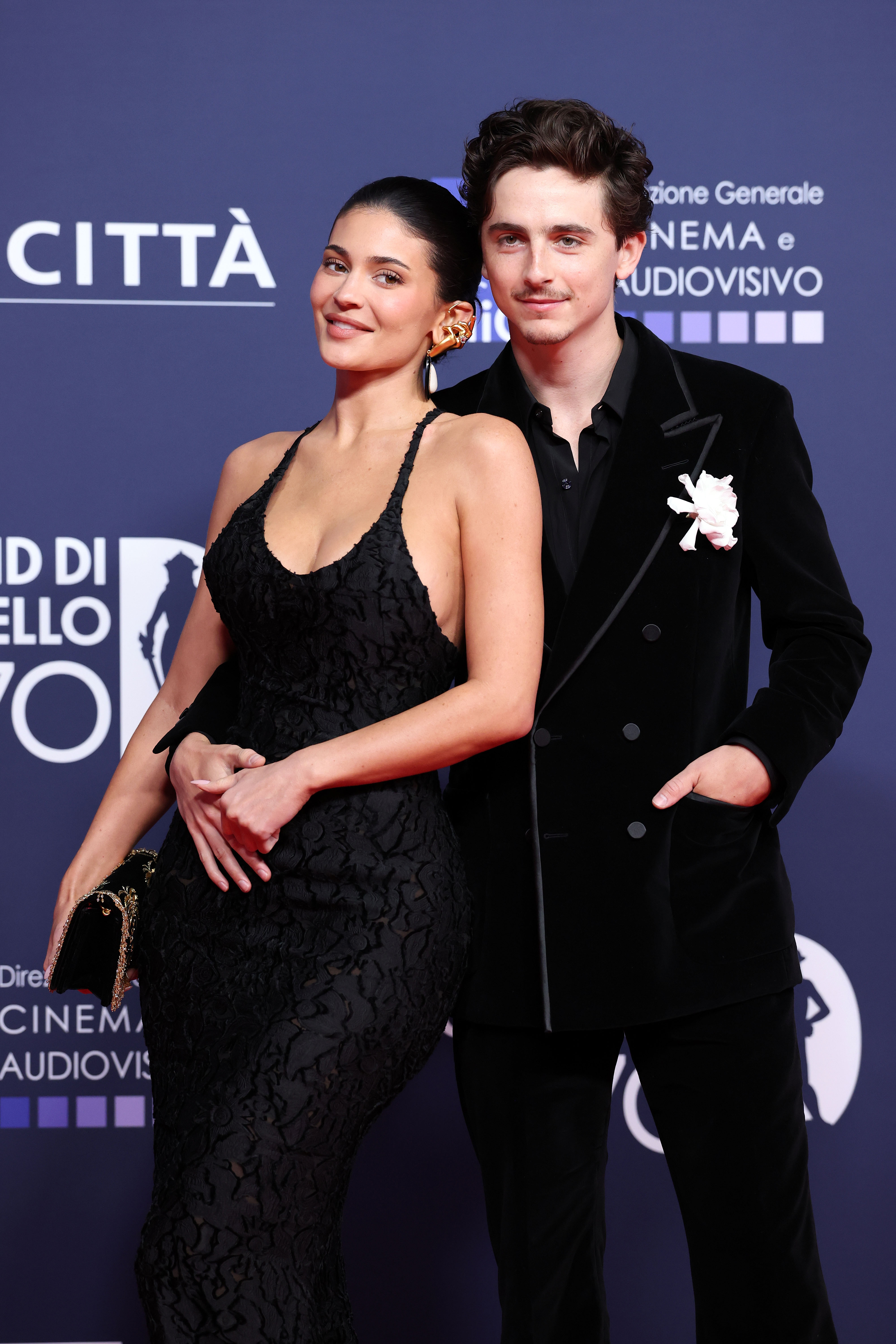 Kylie Jenner and Timothée Chalamet on a red carpet. 