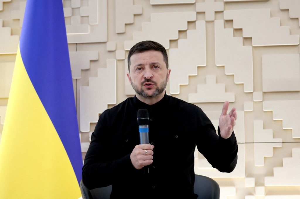 Ukrainian President Volodomyr Zelensky speaks during a press conference at the Ukrainian Embassy in Ankara, Turkey on May 15, 2025.