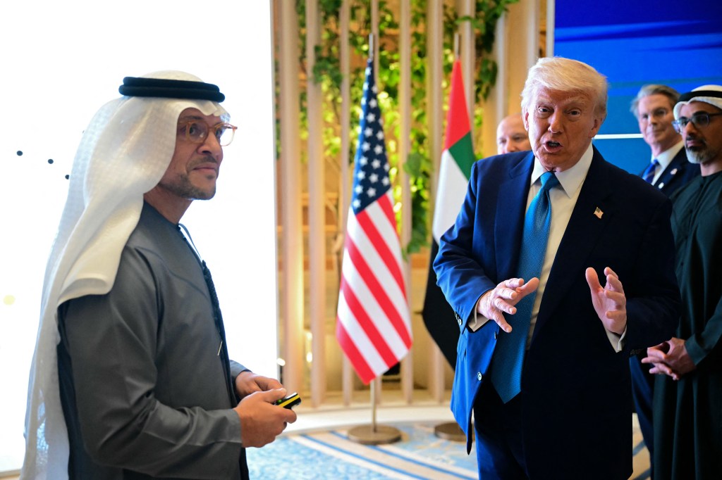 US President Donald Trump attending a business forum in Abu Dhabi, UAE on May 16, 2025