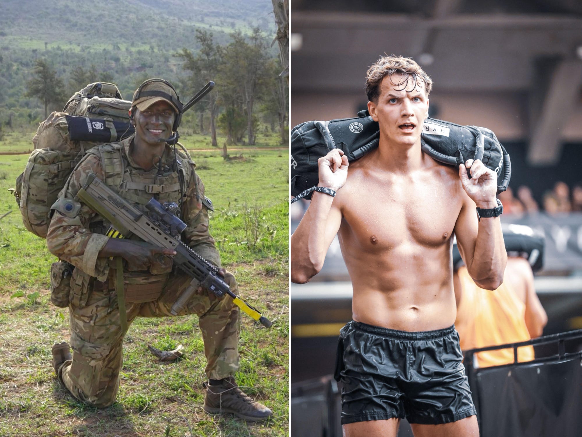 A composite image of Danny Rae on an army exercise and in a Hyrox.