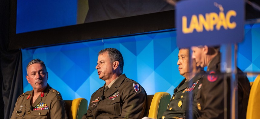 Maj. Gen. Gavin Gardner, commanding general of 8th Theater Sustainment Command, speaks during a panel at the Land Forces Pacific Symposium and Exhibition, May 15, 2025, in Honolulu.
