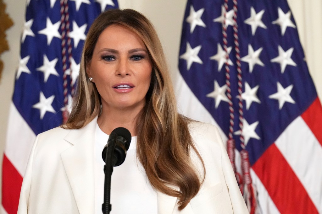First lady Melania Trump speaks during an event in the East Room of the White House on May 8, 2025.