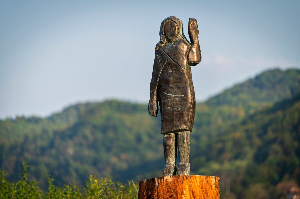 A bronze statue depicting Melania Trump is unveiled in a field near her hometown Sevnica, Slovenia on Sept. 15, 2020.