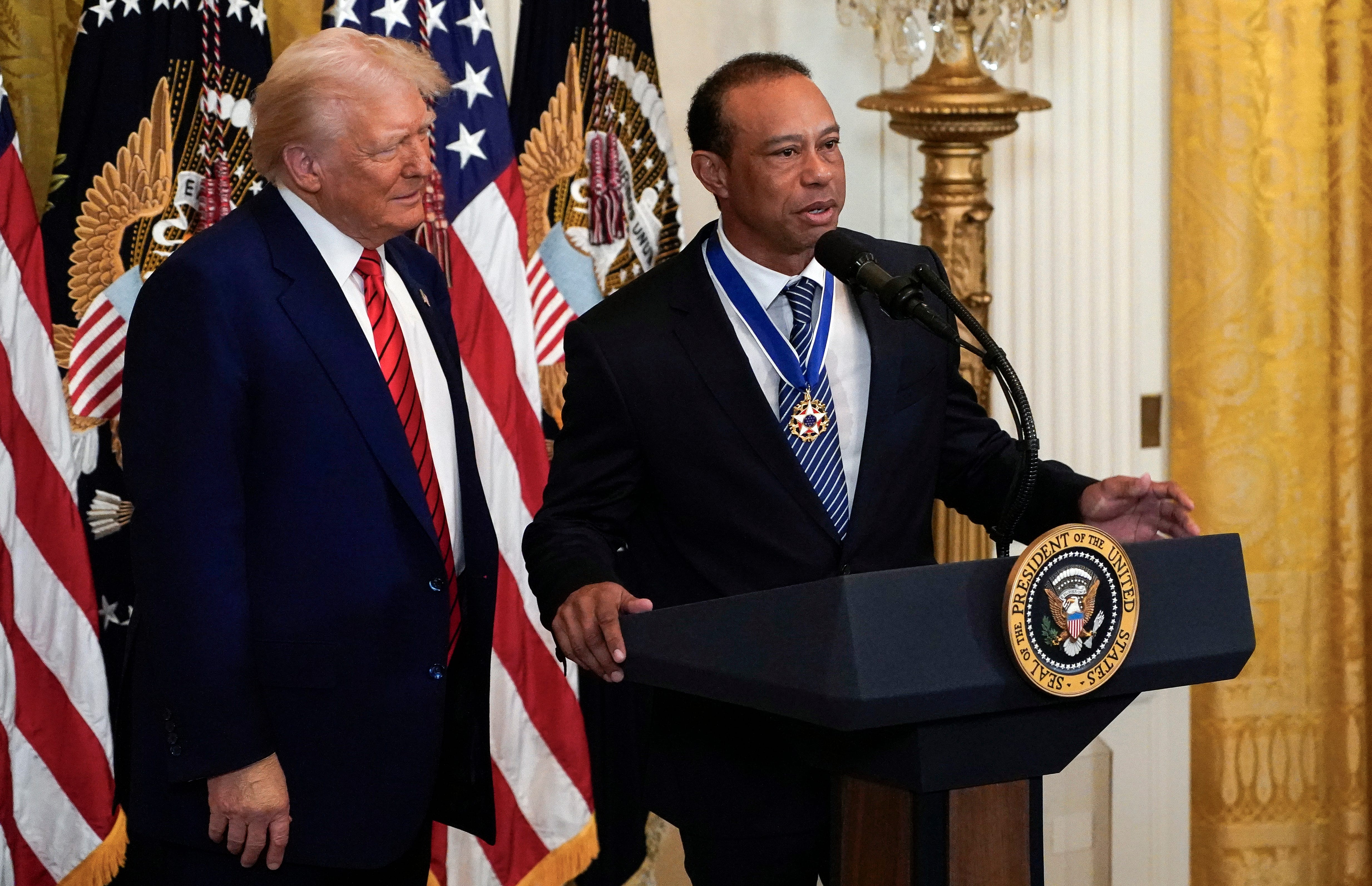 Tiger Woods attending a Black History Month with President Donald Trump event at the White House in February 2025.