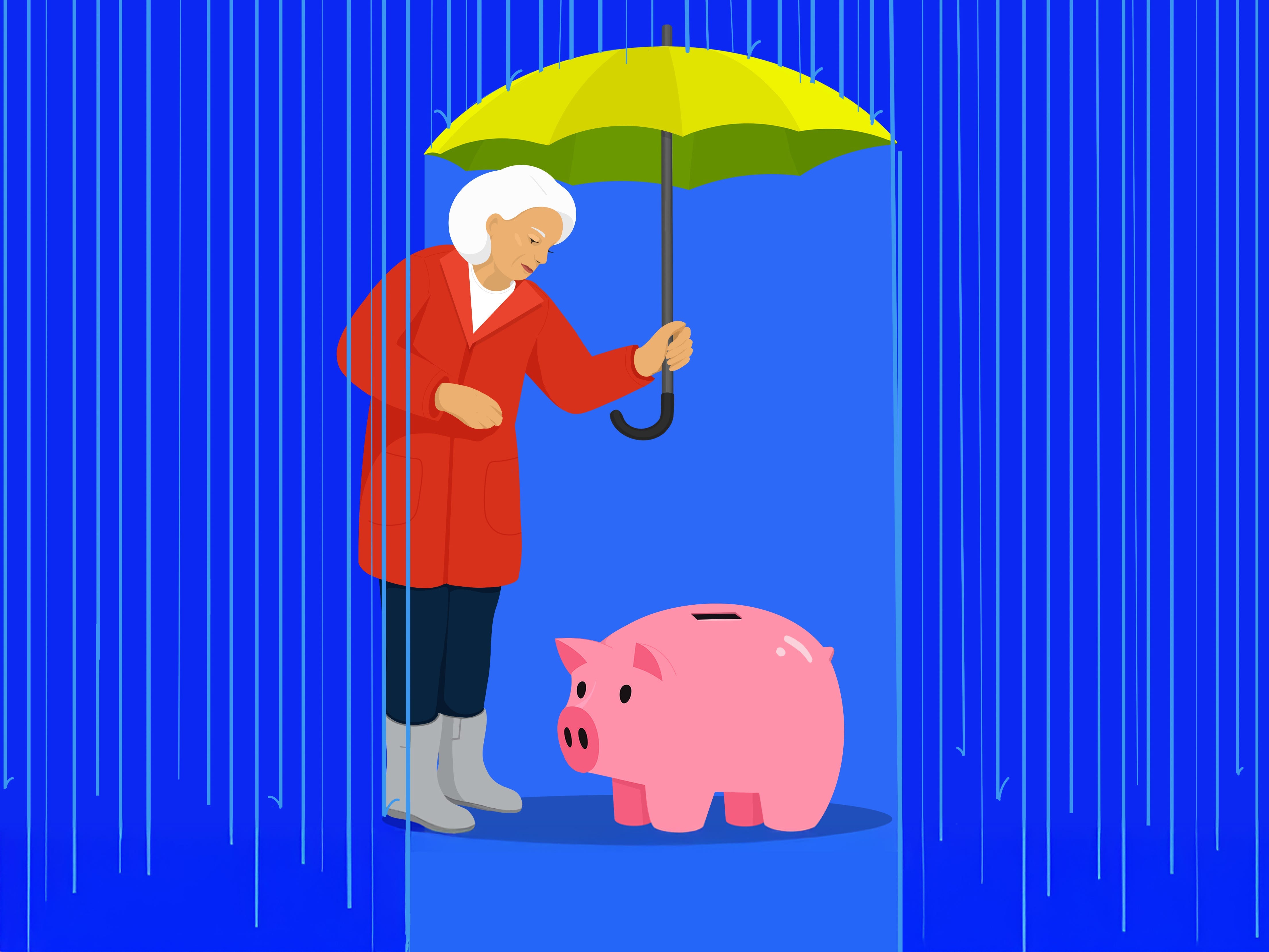 An illustration of an older women in rain holding an umbrella over a piggy bank, against a blue background.