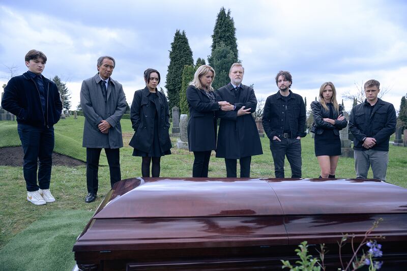 (L-R) Teo Briones, Andrew Tinpo Lee, Kaitlyn Santa Juana, April Amber Telek, Alex Zahara, Richard Harmon, Anna Lore, and Owen Patrick Joyner in New Line Cinema’s “Final Destination Bloodlines."