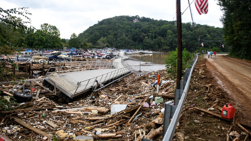 Debris piled on the bridge from Lake Lure to Chimney Rock in North Carolina after Hurricane Helene.