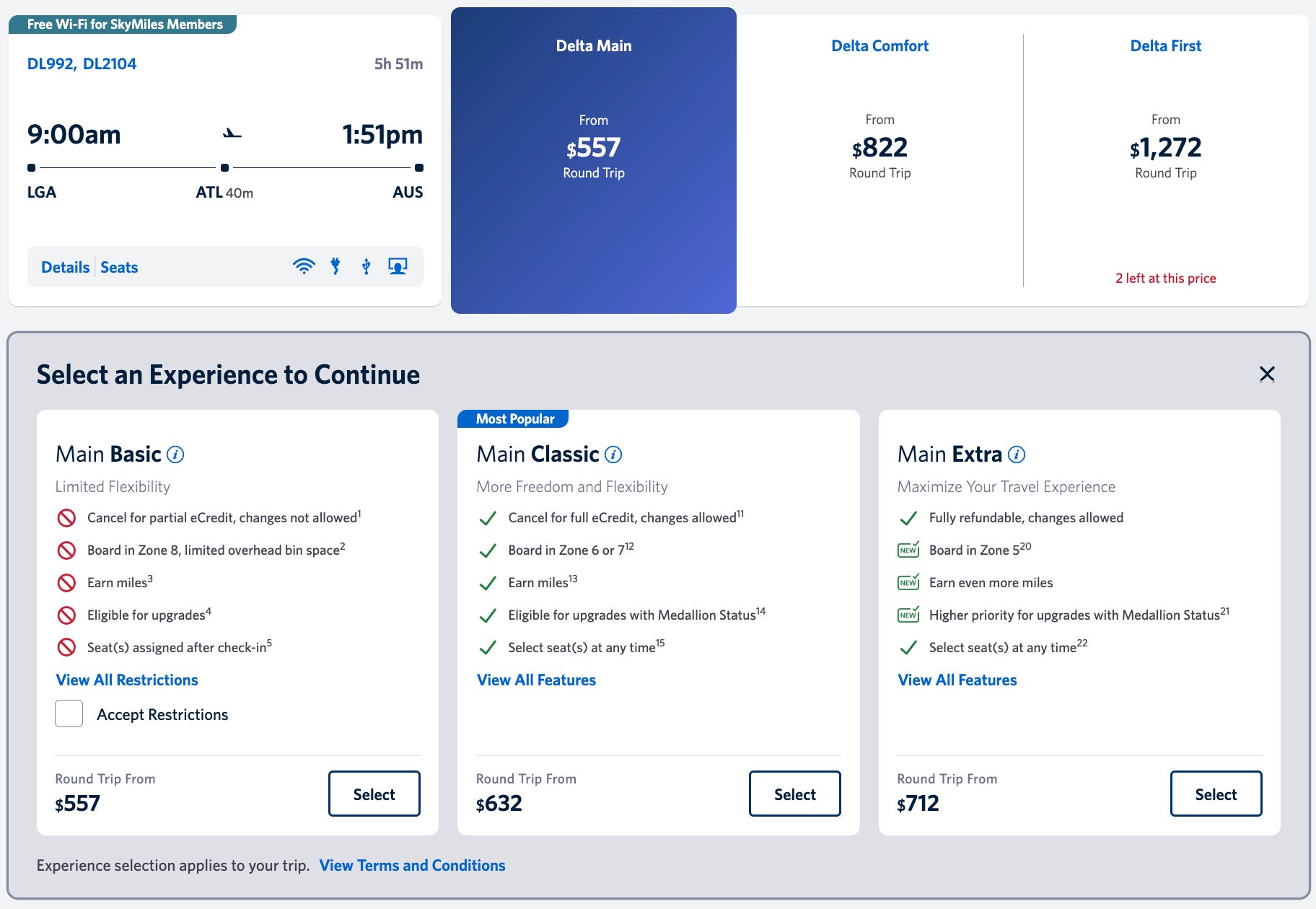 Delta fare options on a flight in October, showing main basic, classic and extra choices