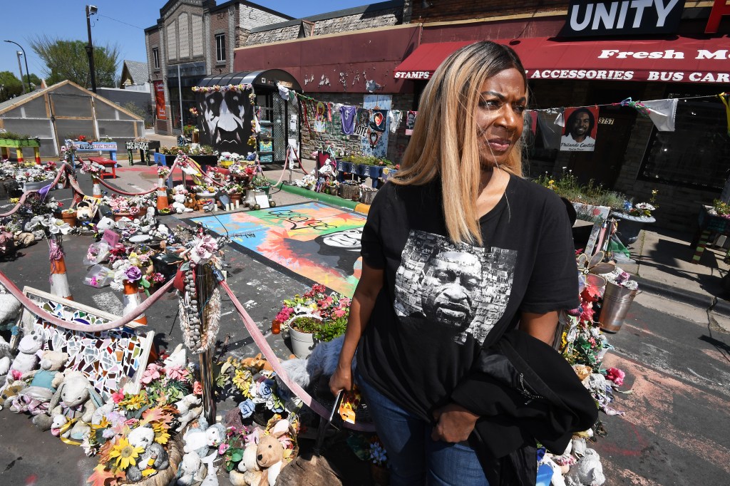 Angela Harrelson, George Floyd's aunt, visiting the memorial site in Minneapolis five years after his death.