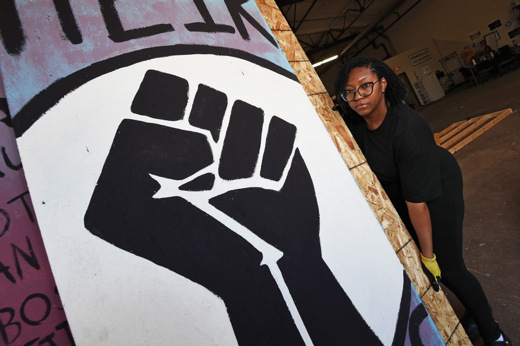 Leesa Kelly in the warehouse headquarters of Memorialize the Movement in Minneapolis.