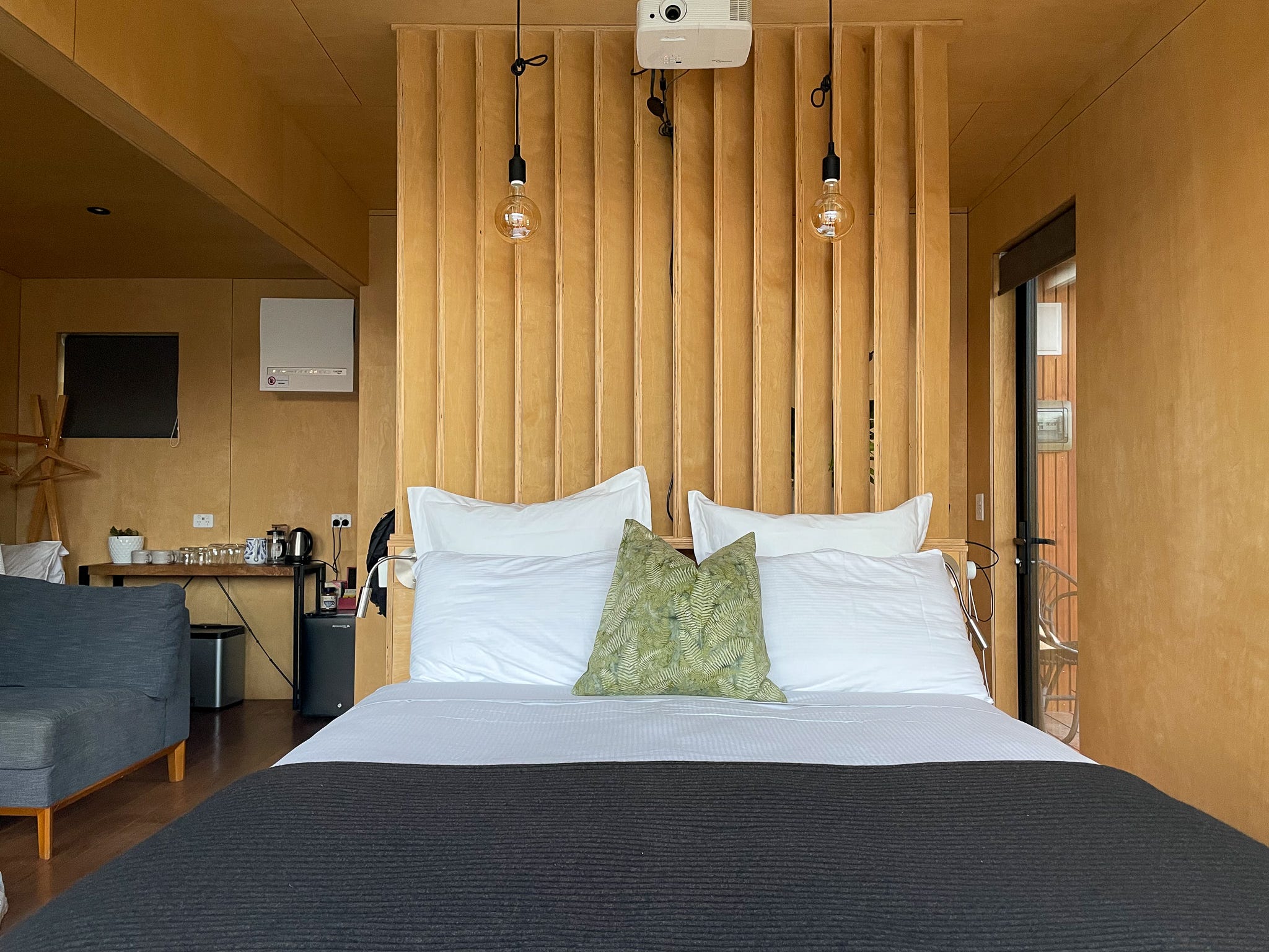 The bed in the tiny home at the Kinloch Wilderness Retreat.