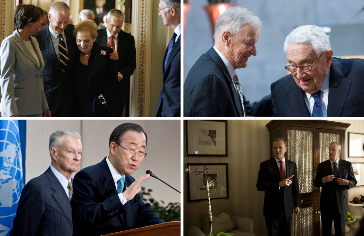 A grid of four images showing Brzezinski meeting with world leaders and foreign-policy makers.