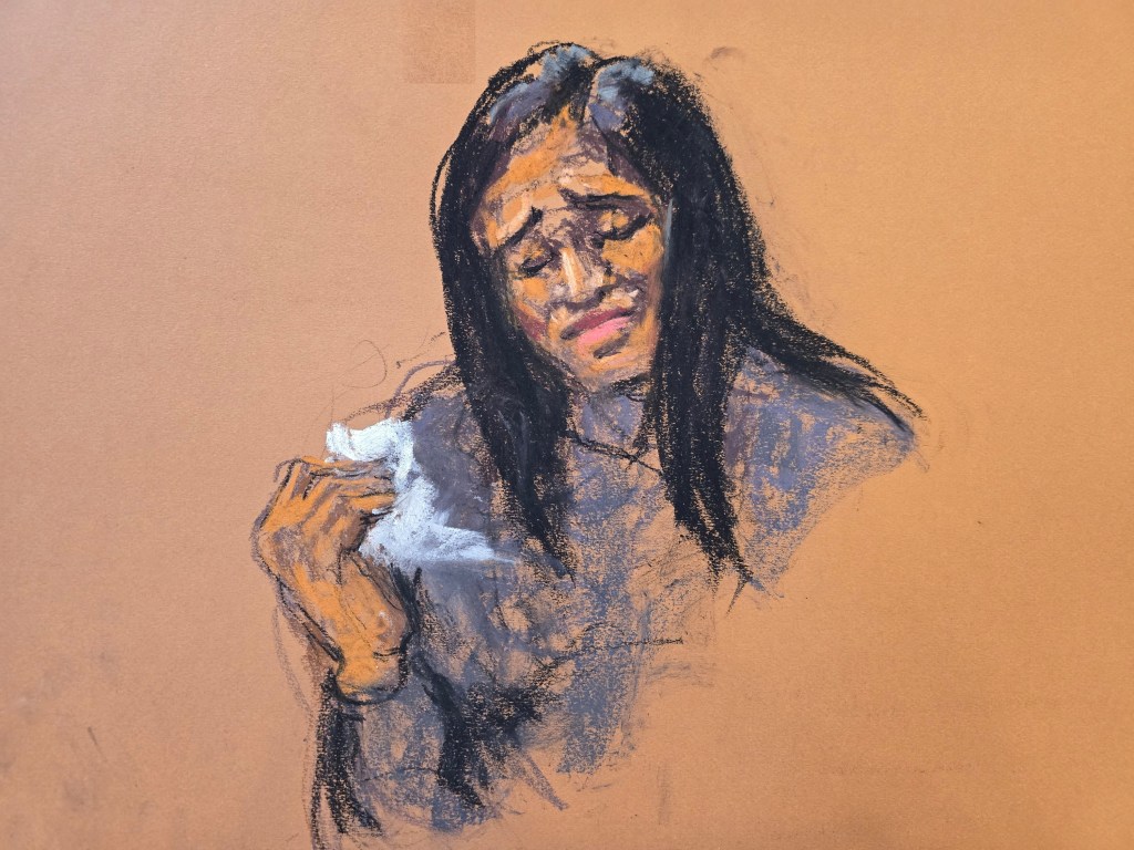 Casandra 'Cassie' Ventura visibly reacting during Sean 'Diddy' Combs' sex trafficking trial in a courtroom sketch, New York City, May 14, 2025.