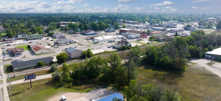 Aerial view of the town of Grayling, Michigan, where Saab is building a munitions factory.