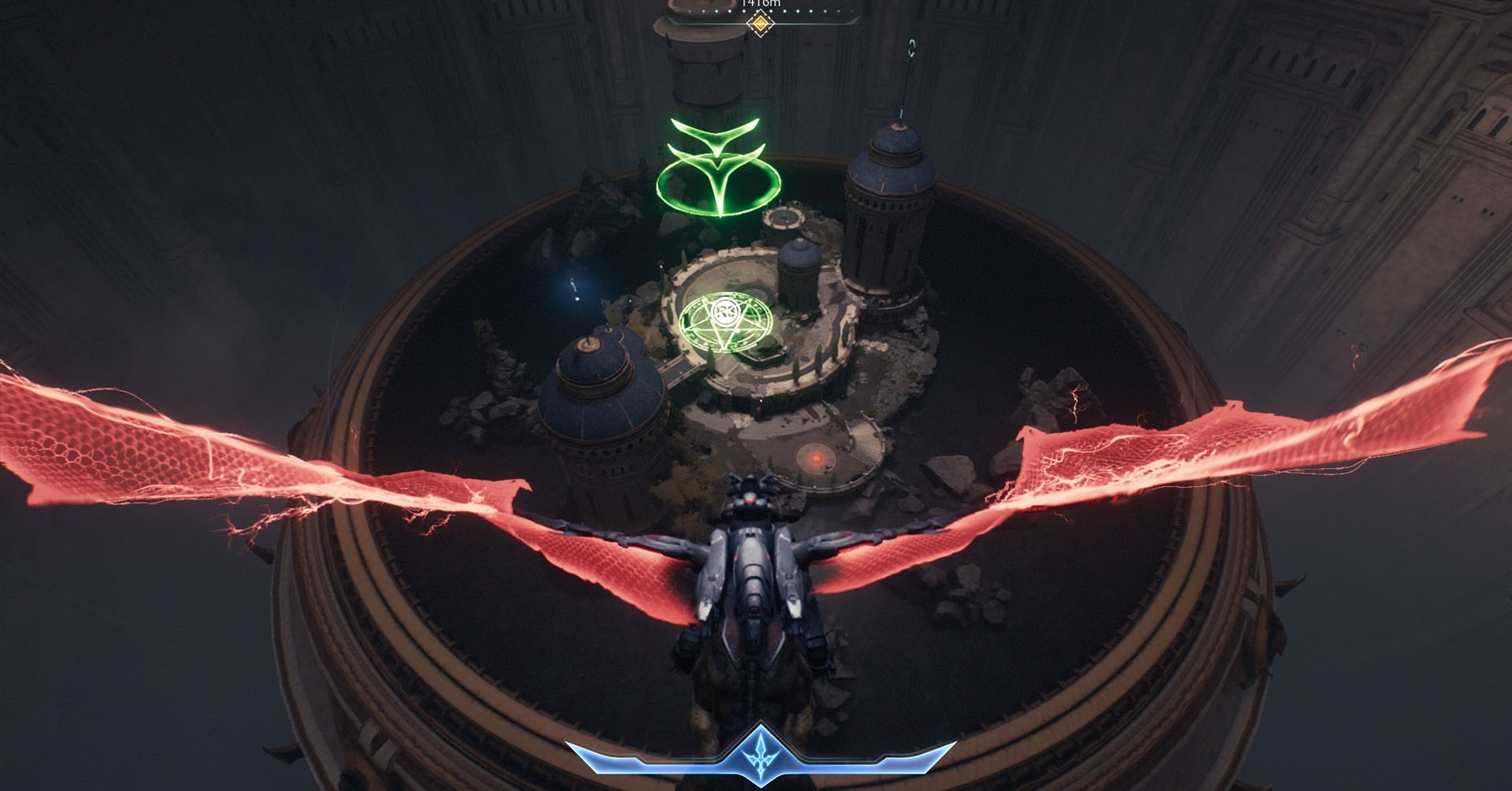 You see the Doom Slayer in Doom: The Dark Ages riding a cyber-dragon and flying toward a circular area. There is a green arrow showing where  the landing spot is .