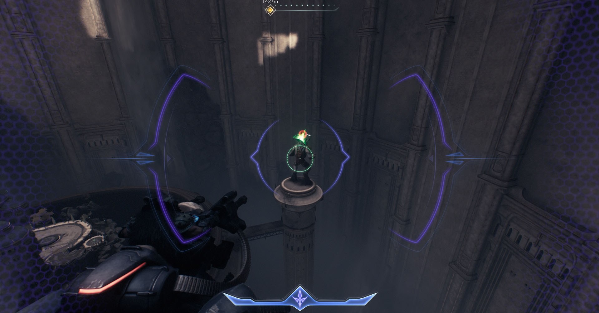 The image shows a HUD that pops up when you aim with your dragon in Doom: The Dark Ages. The aim is locked at a Titan who is protecting the second secret landing spot in Chapter 5