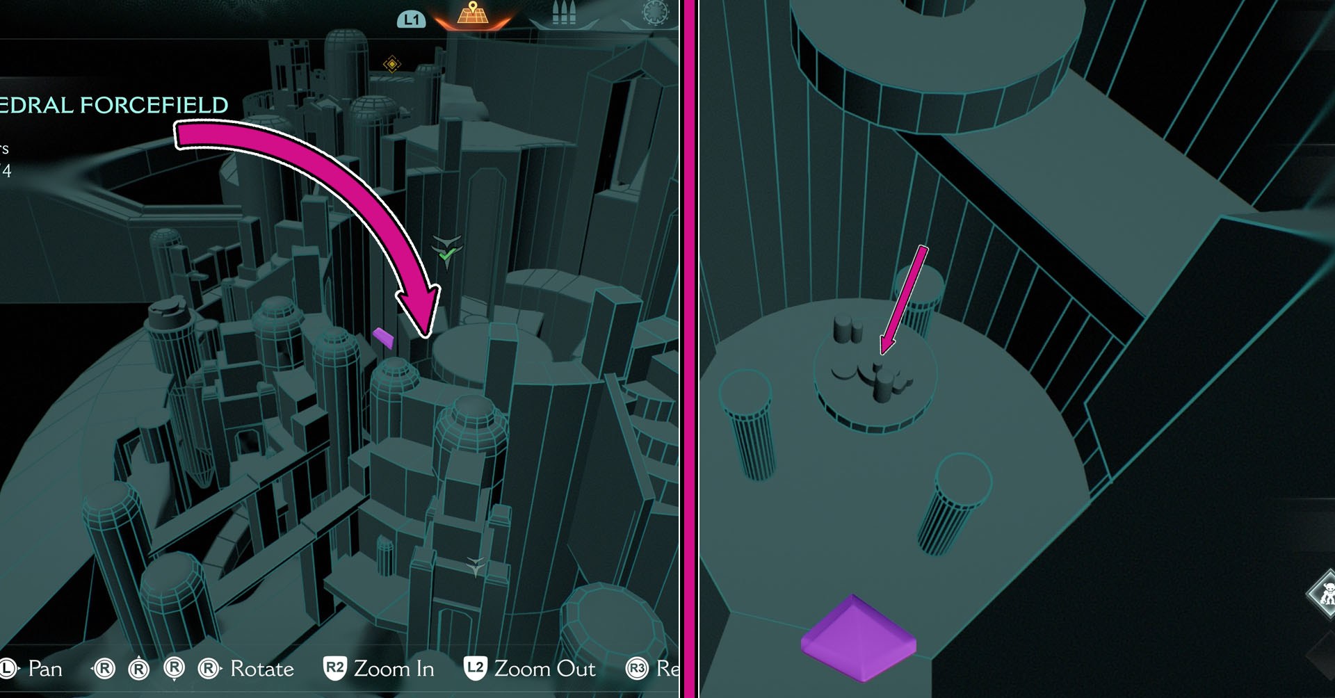 A montage with two images showing the location of the second secret landing spot in Doom: The Dark Ages’ Chapter 5. On the left side, a pink arrow indicates one must go to the lowest part of the map. On the right side of the image, we see the 3D representation of a circular area and three pillars around it.
