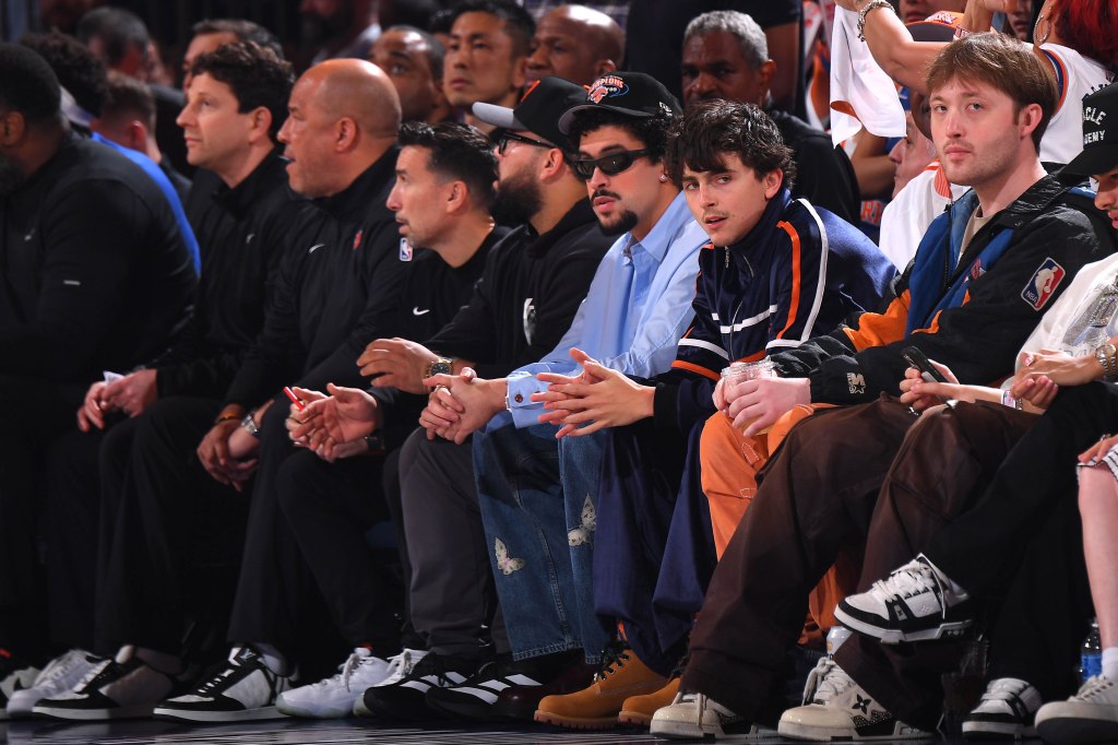 Bad Bunny and Timothee Chalamet attend the game between the Boston Celtics and the New York Knicks during Round Two Game Six of the 2025 NBA Playoffs