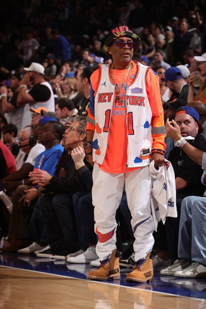 Spike Lee attends a game between the Boston Celtics and the New York Knicks during Round 2 Game 6 of the 2025 NBA Playoffs