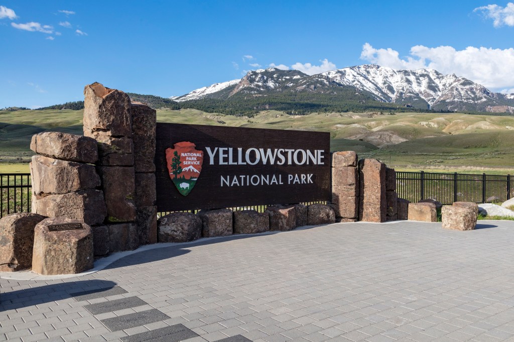 The entrance sign of Yellowstone National Park on May 7, 2018.