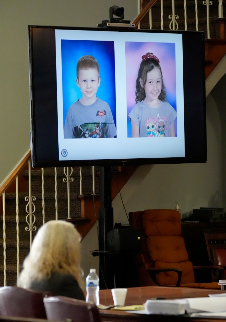 Images of Zayn and Alanah Phillips are displayed in court during the trial of Marshella Chidester on March 4, 2025.