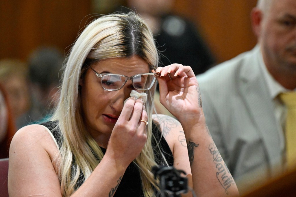 Mariah Dodds wipes tears from her eyes during Chidester's sentencing on May 15, 2025..