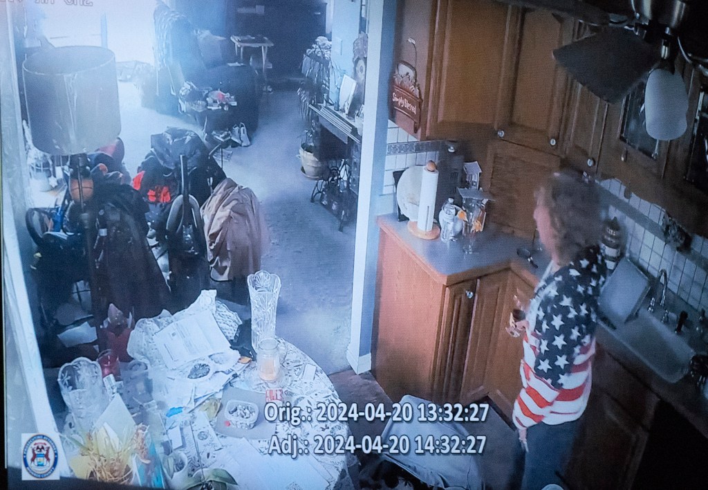 Home video captured Chidester drinking from a glass of wine in her kitchen on the afternoon of April 20, 2024.