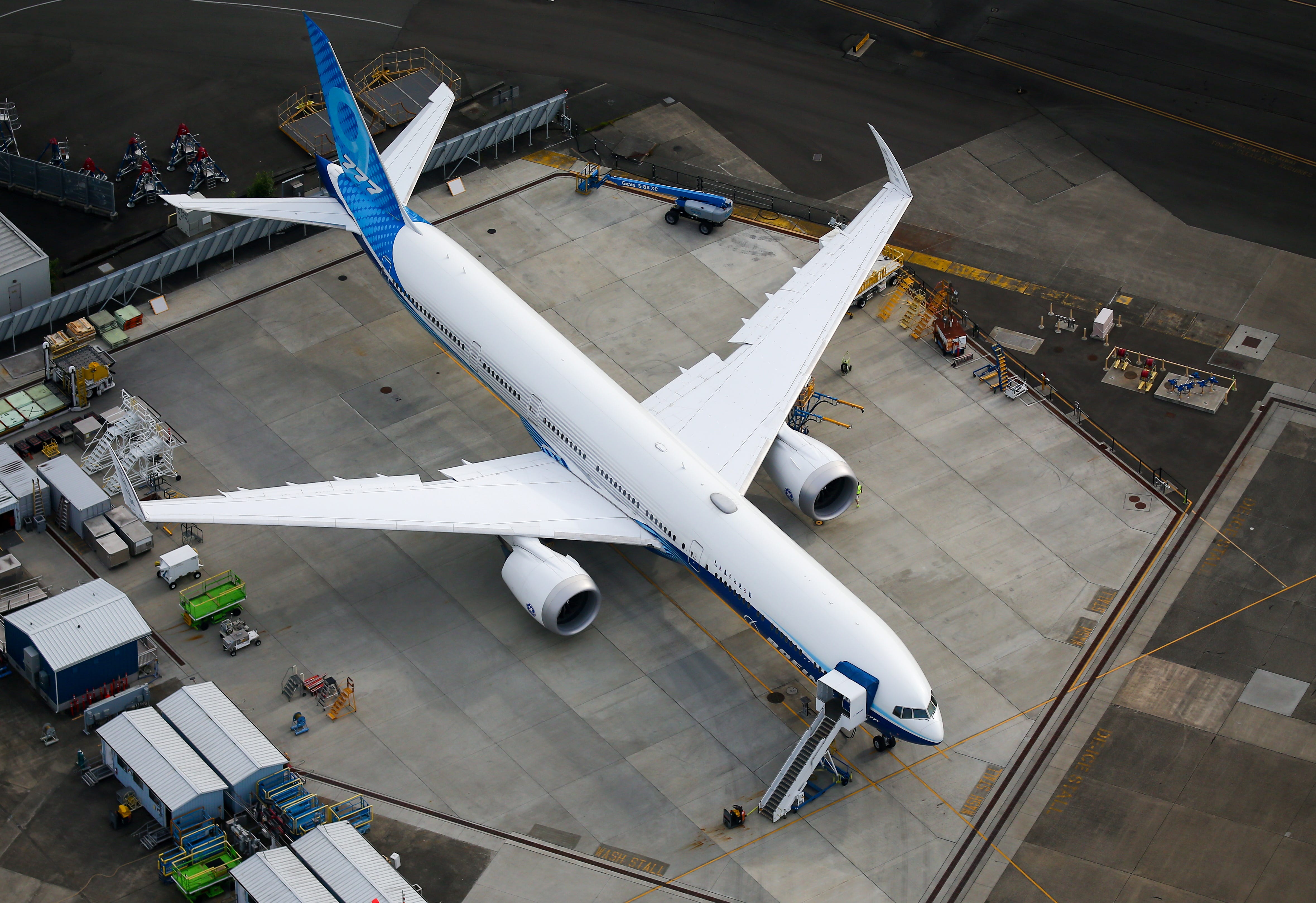 An aerial view of a Boeing 777X airplane parked at King County International Airport-Boeing Field in Seattle, Washington, U.S, June 1, 2022.