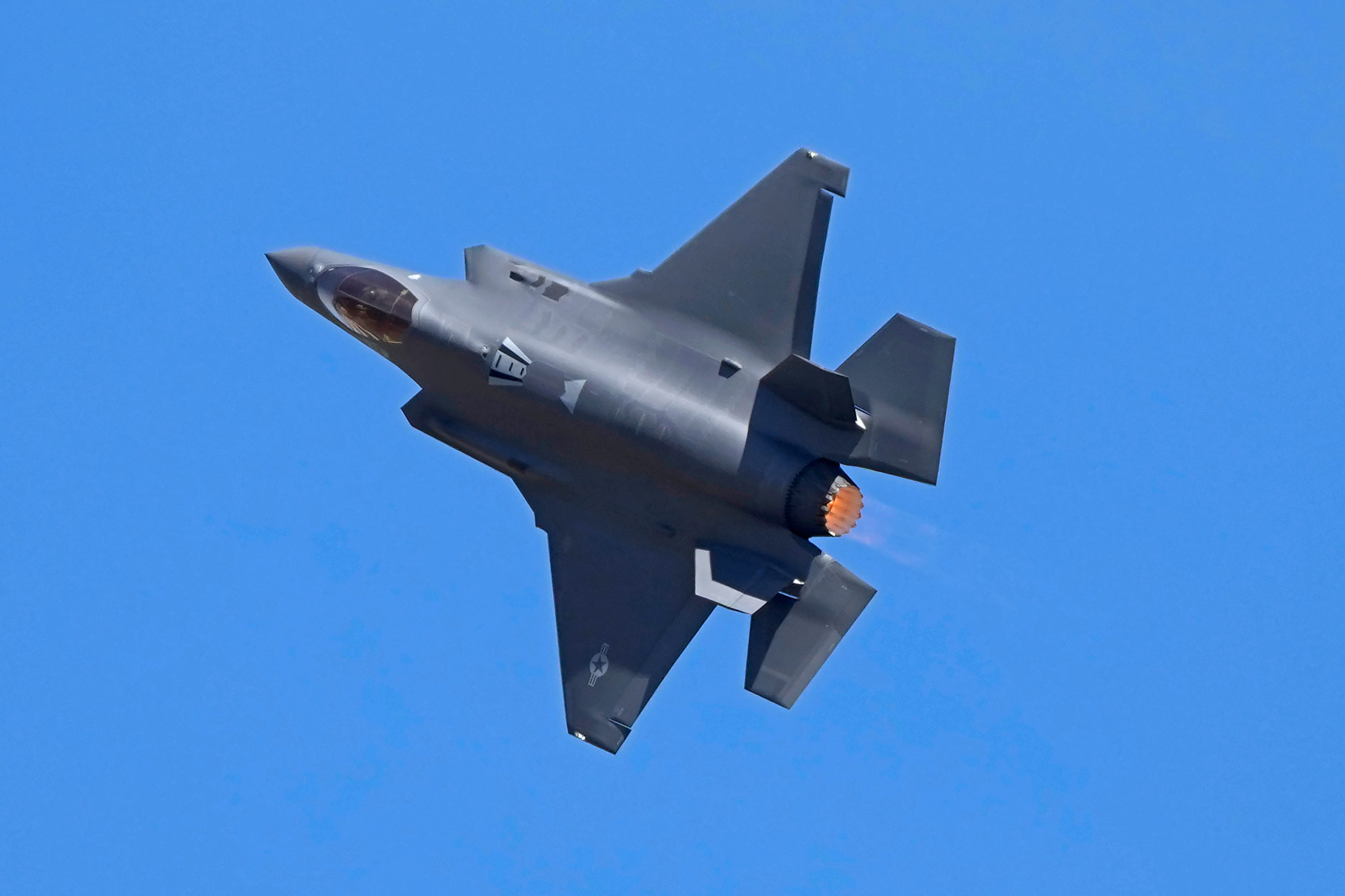 FILE - U.S. Air Force fighter aircraft F-35 performs aerobatic maneuvers on the third day of the Aero India 2025, a biennial event, at Yelahanka air base in Bengaluru, India, Wednesday, Feb. 12, 2025.