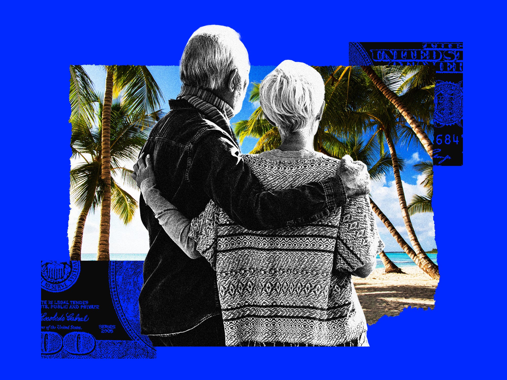 A photo collage of an older couple looking at a tropical beach