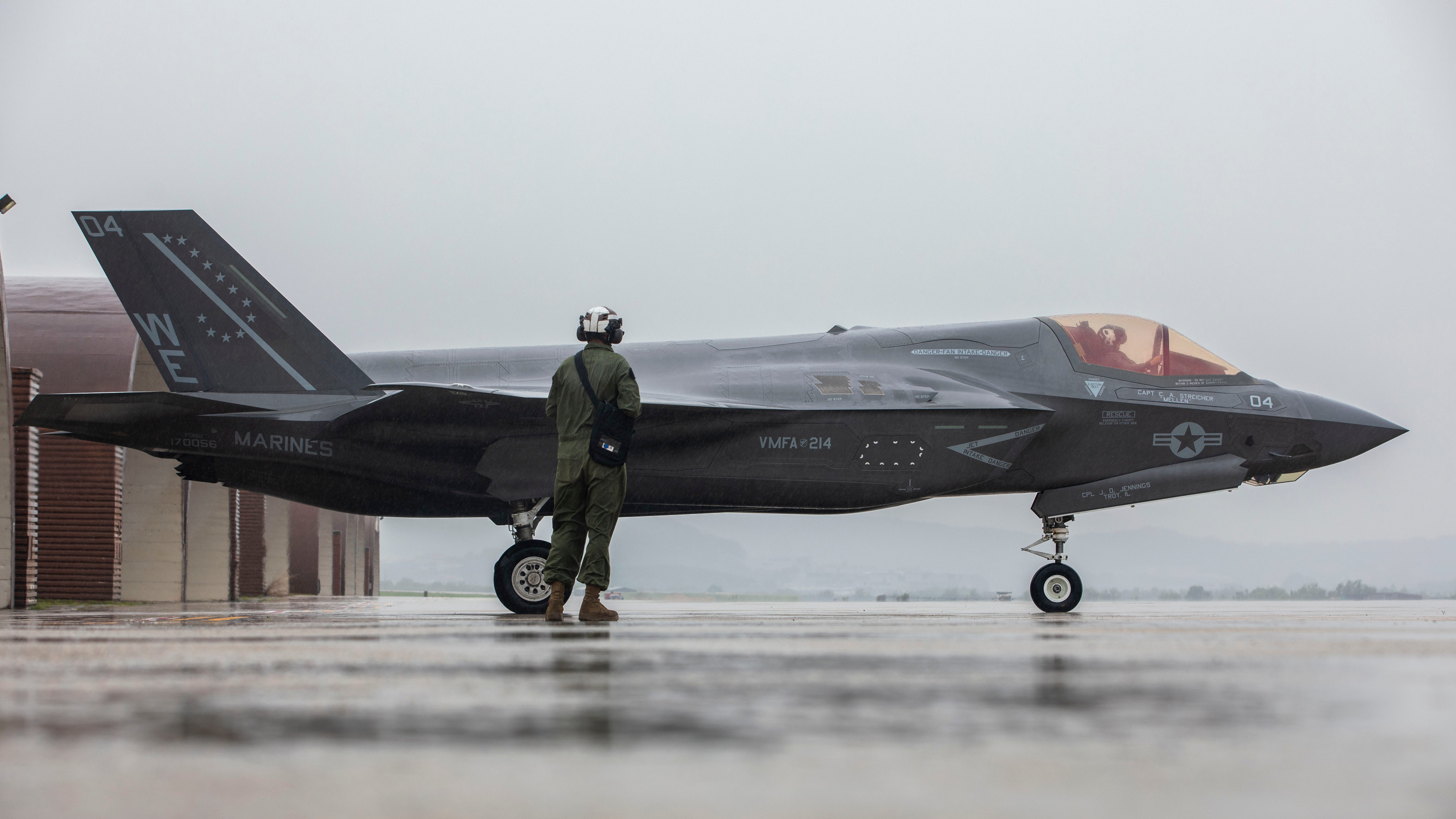 A U.S. Marine Corps F-35B Lightning II aircraft with Marine Fighter Attack Squadron (VMFA) 214, Marine Aircraft Group 12, 1st Marine Aircraft Wing stages before takeoff from Osan Air Base, South Korea, May 9, 2025.
