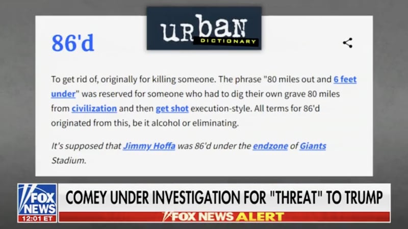 Fox News showing an Urban Dictionary definition of the term “86.”