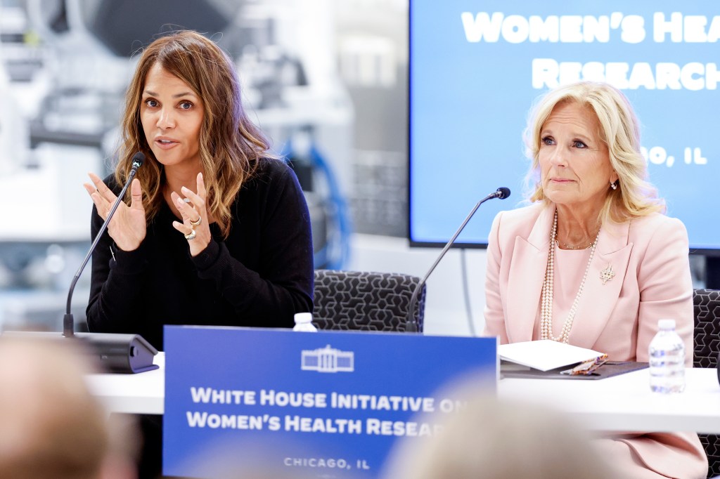 Halle Berry in a blue sweater, Jill Biden in a pink suit.