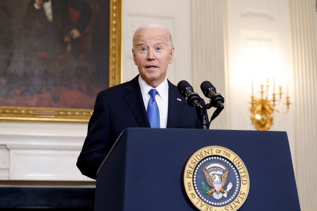 President Joe Biden speaks on the Senate's recent passage of the National Security Supplemental Bill, which provides military aid to Ukraine, Israel and Taiwan, in the State Dining Room of the White House on February 13, 2024 in Washington, DC.