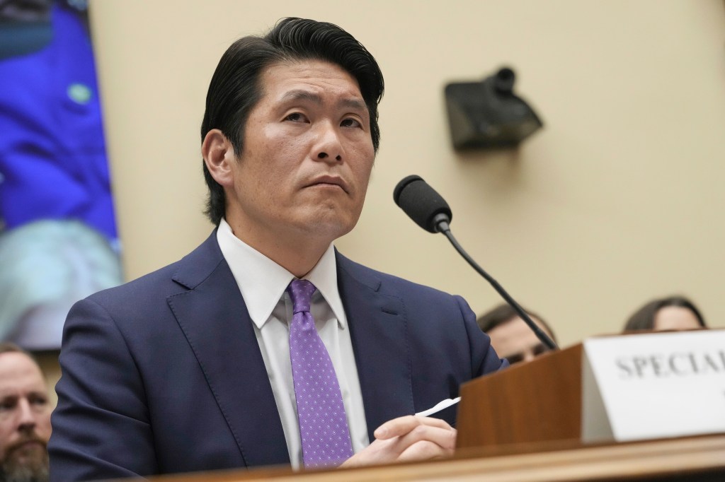 Department of Justice Special Counsel Robert Hur listens during a House Judiciary Committee hearing, March 12, 2024, on Capitol Hill in Washington. (AP Photo/Jacquelyn Martin, File)