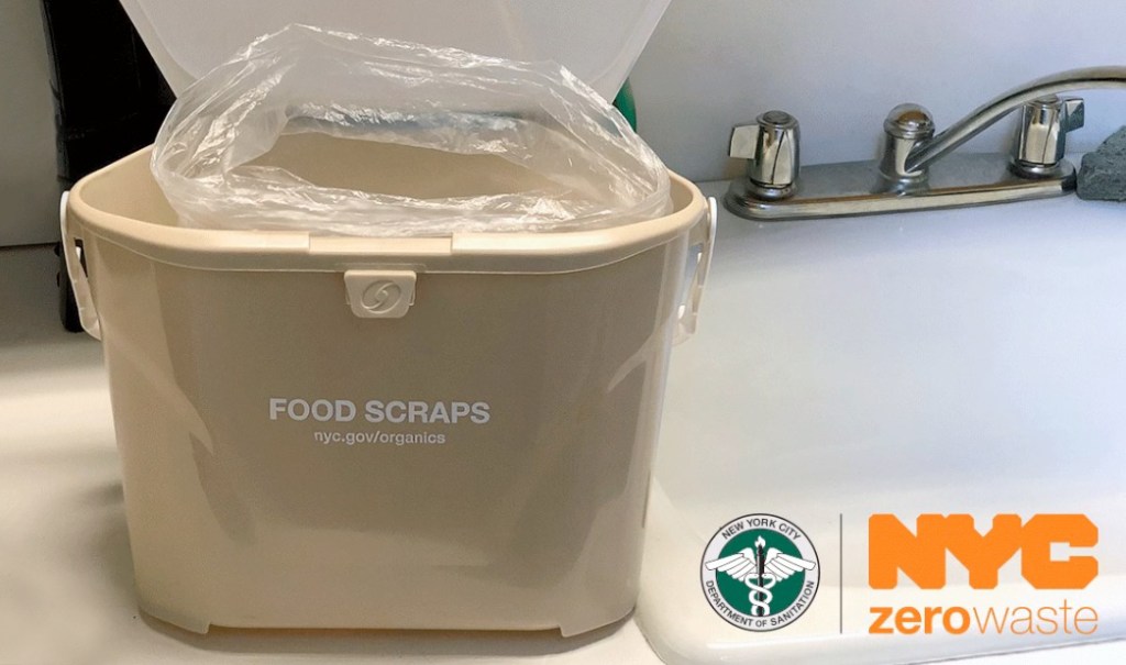 Countertop composting pail in kitchen, seen in NYC DSNY Zero Waste campaign