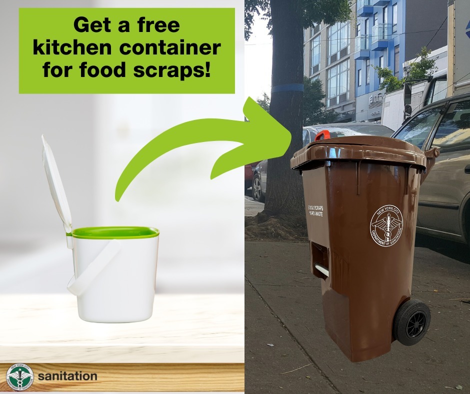 Free food scrap container for kitchen use provided by NYC Sanitation seen alongside image of a tall dark brown DSNY compost curbside bin.